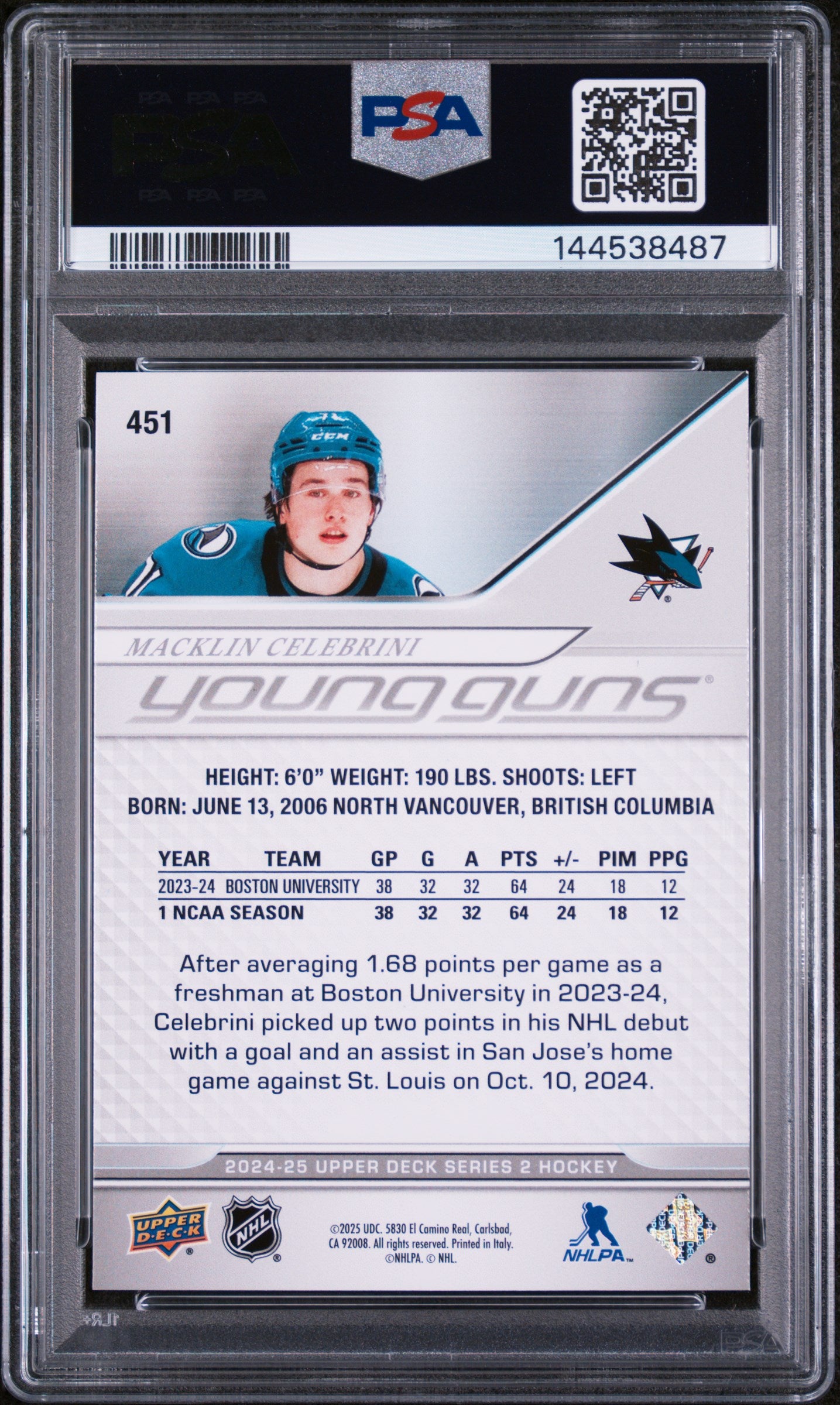 2024 Upper Deck Series 2 Hockey Young Guns Rookie Macklin Celebrini #451 PSA 8