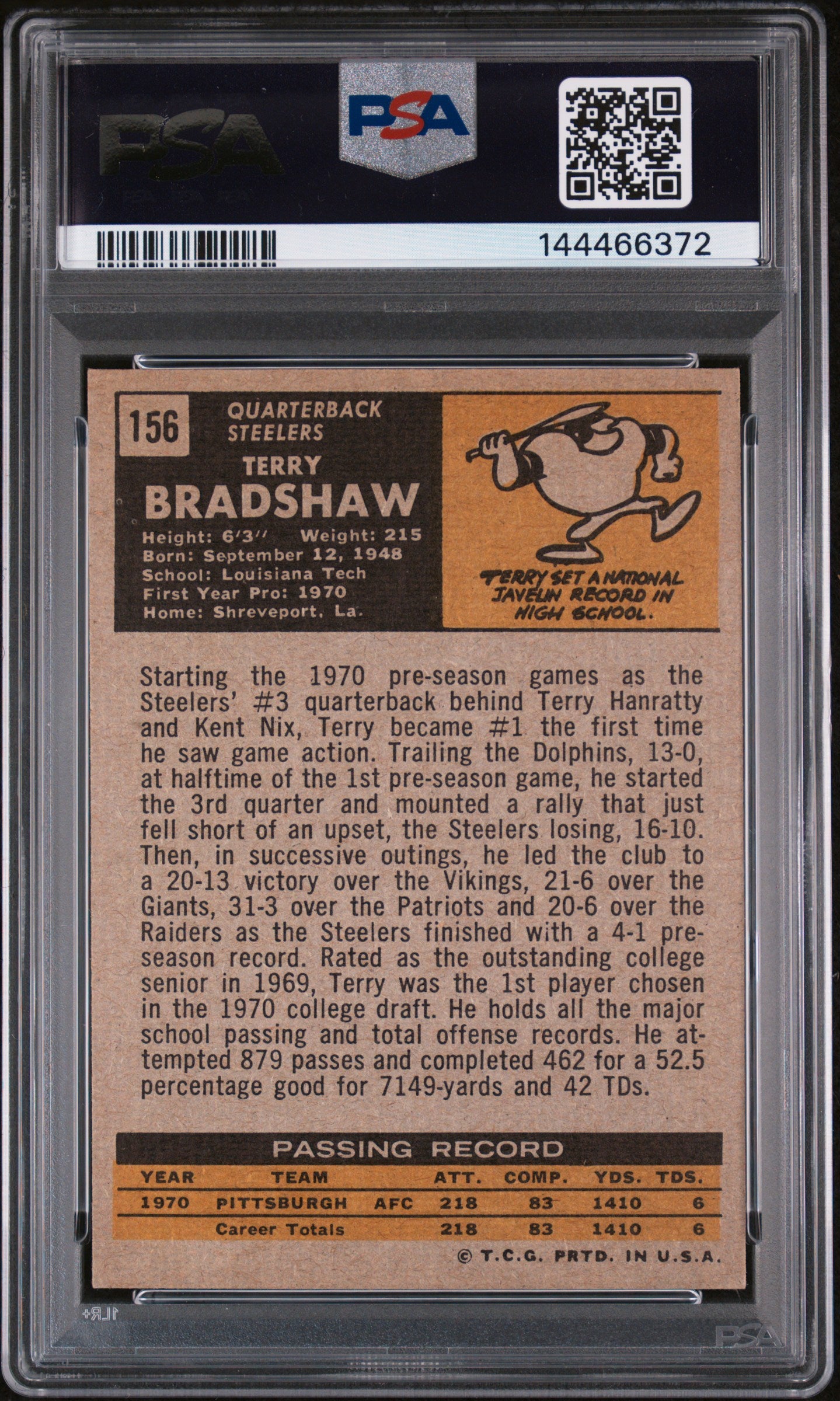 1971 Topps Football Terry Bradshaw #156 PSA 4 NEW CERT