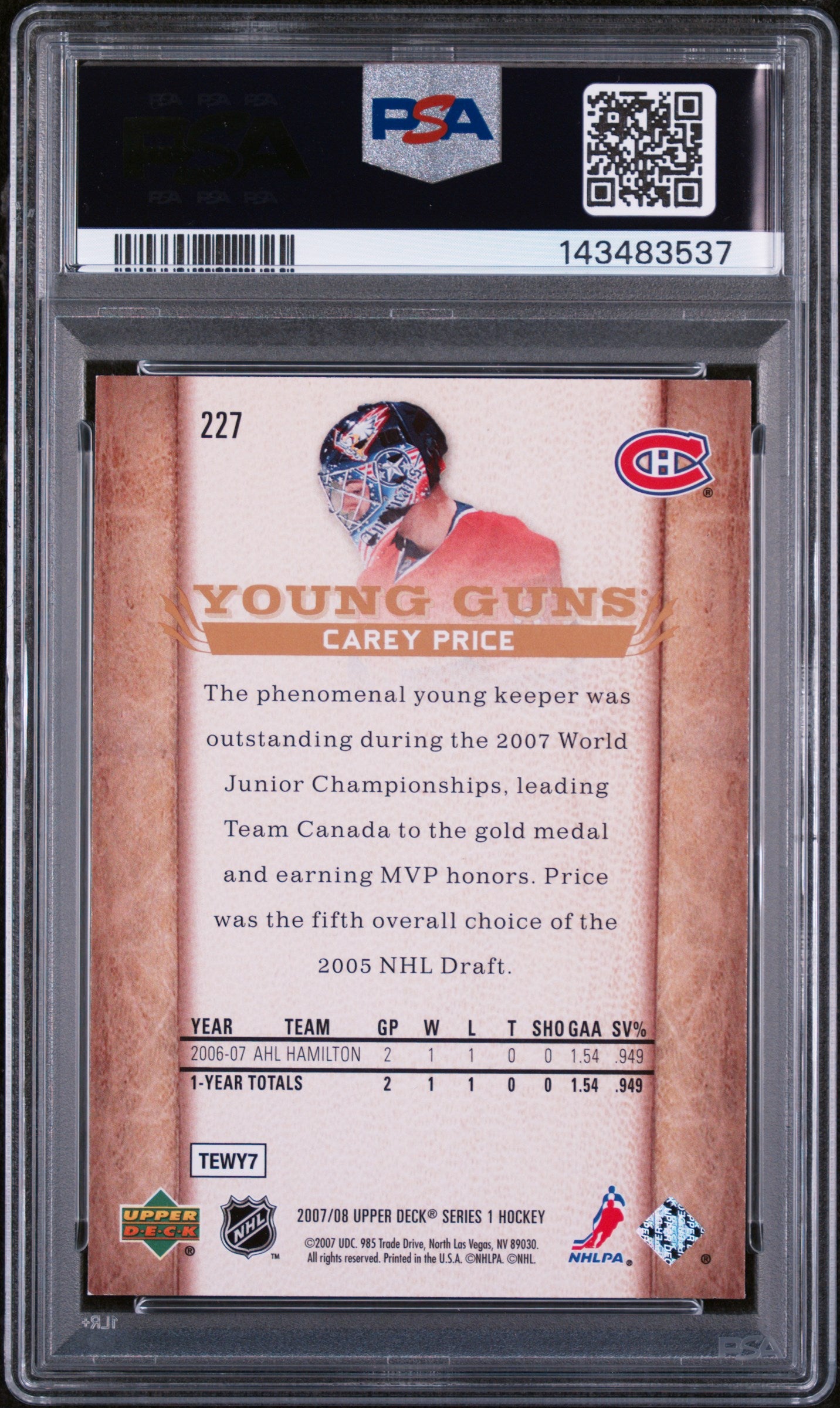 2007 Upper Deck Series 1 Hockey Young Guns Rookie Carey Price #227 PSA 8