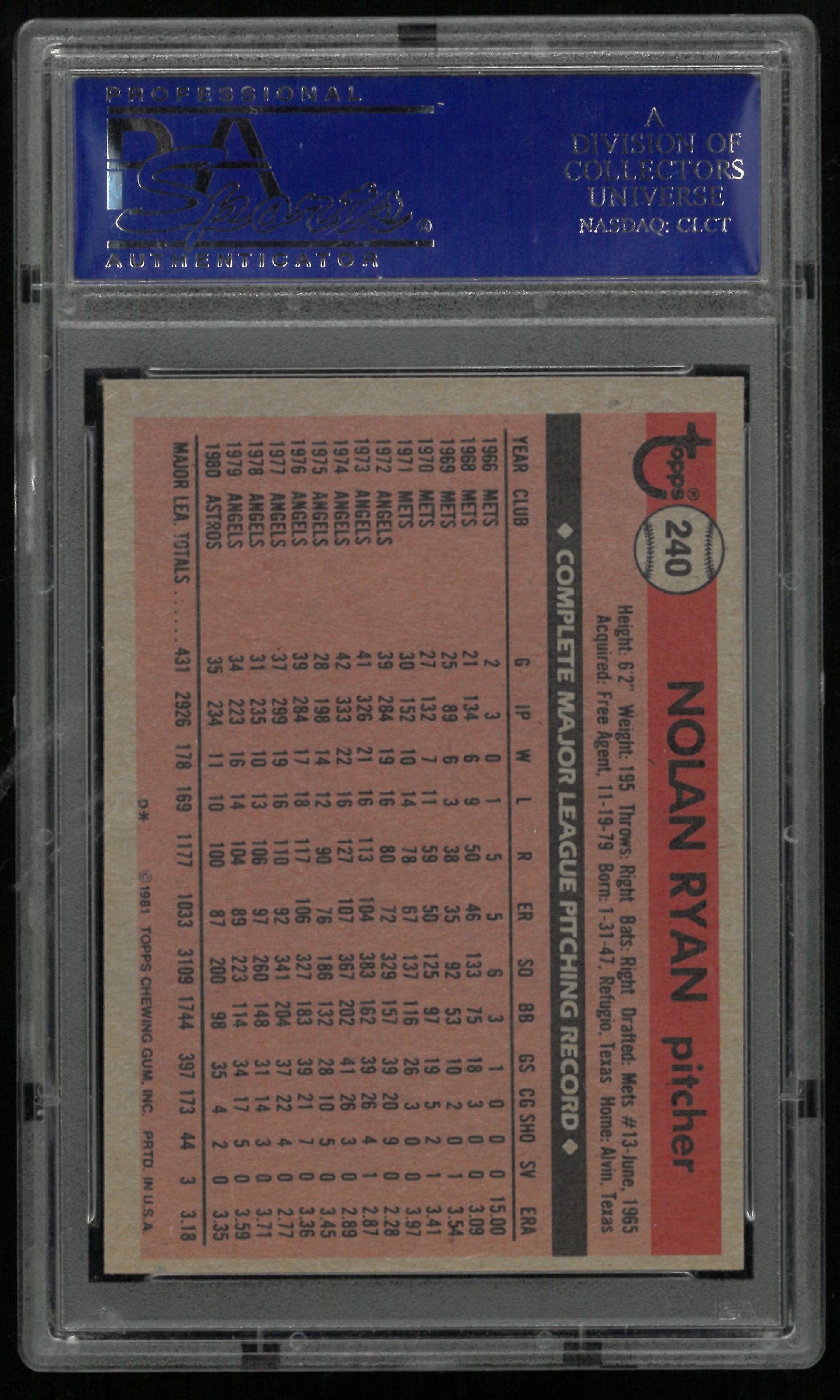 1988 Topps Tiffany Nolan Ryan PSA 9