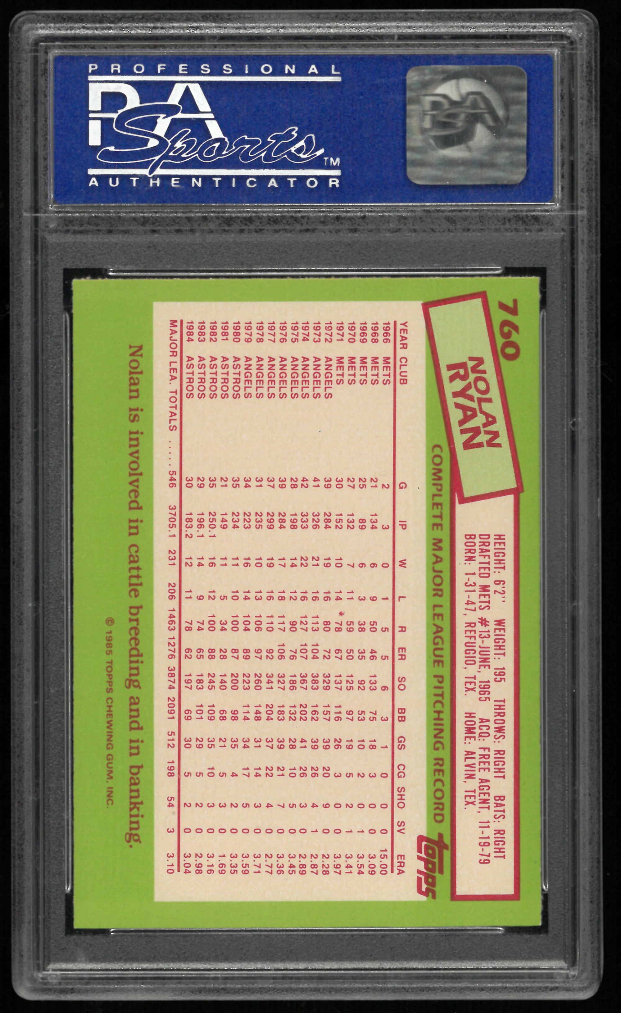 1985 Topps Tiffany Nolan Ryan PSA 9