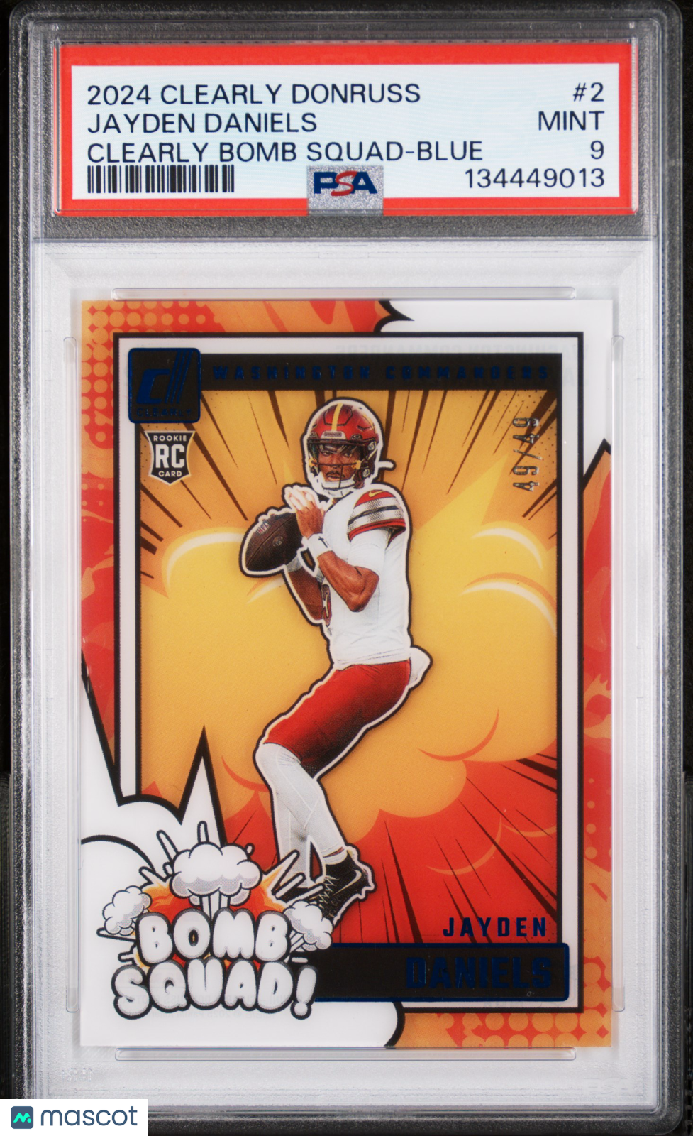 Jayden Daniels PSA 9 /49 49/49 RC Rookie Clearly Bomb Squad Blue 2024 Donruss