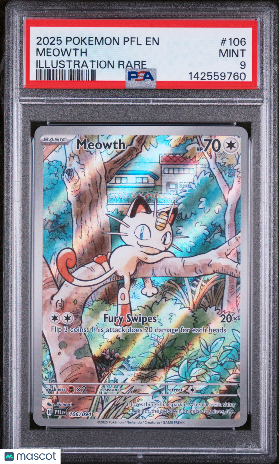 2025 Pokemon Phantasmal Flames Meowth Illustration Rare PSA 9 106/94