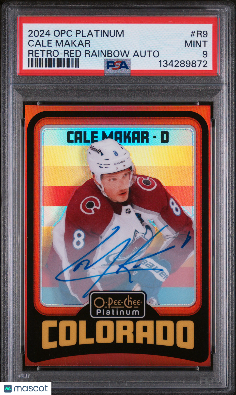 2024 O-Pee-Chee Platinum Retro Cale Makar Red Rainbow Auto PSA 9