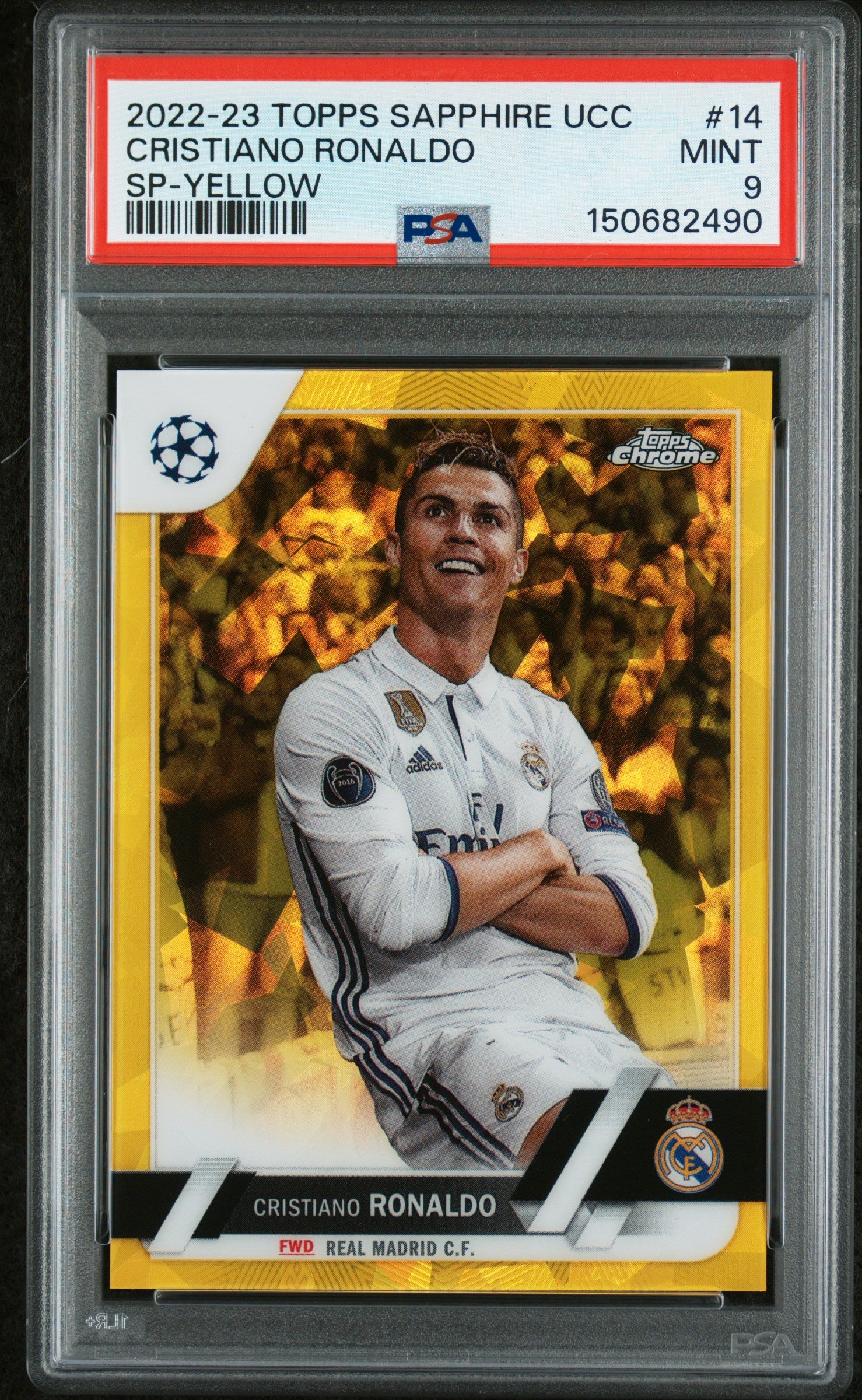 2022-23 Topps Chrome Sapphire UEFA CC SP Yellow Cristiano Ronaldo /99 PSA 9