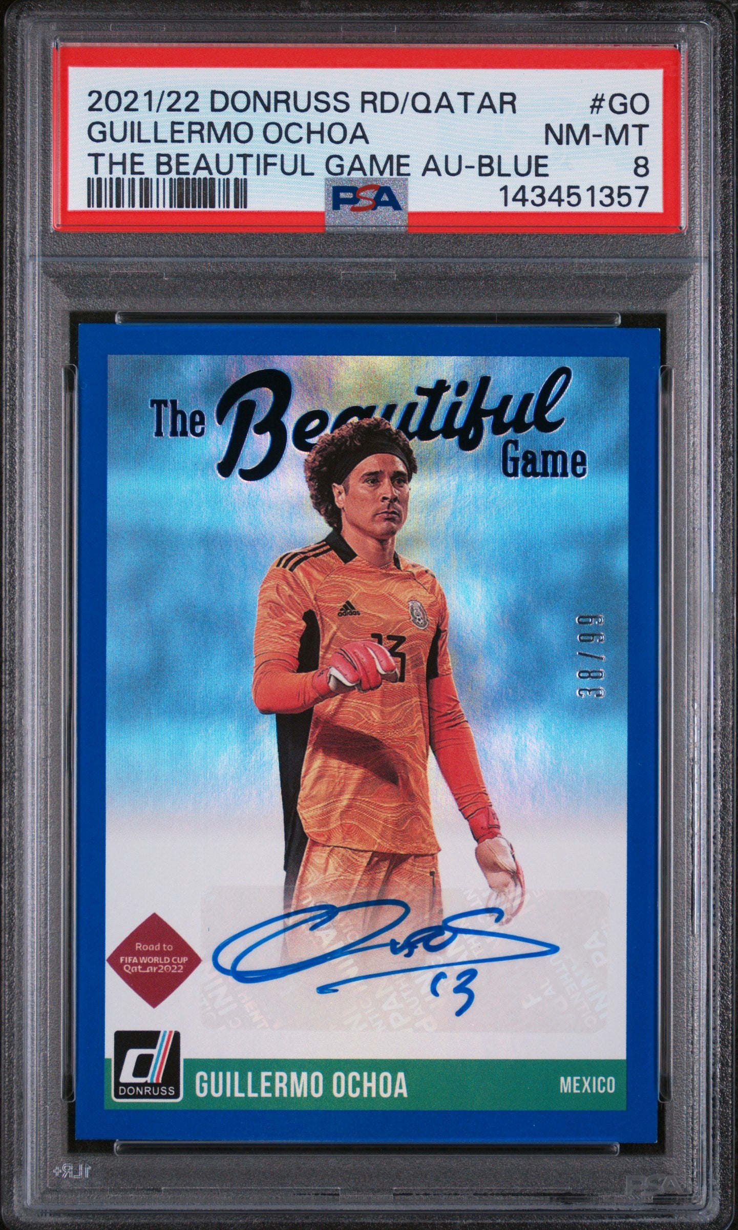 2021 Panini Donruss RTQ The Beautiful Game Blue Auto Guillermo Ochoa /99 PSA 8