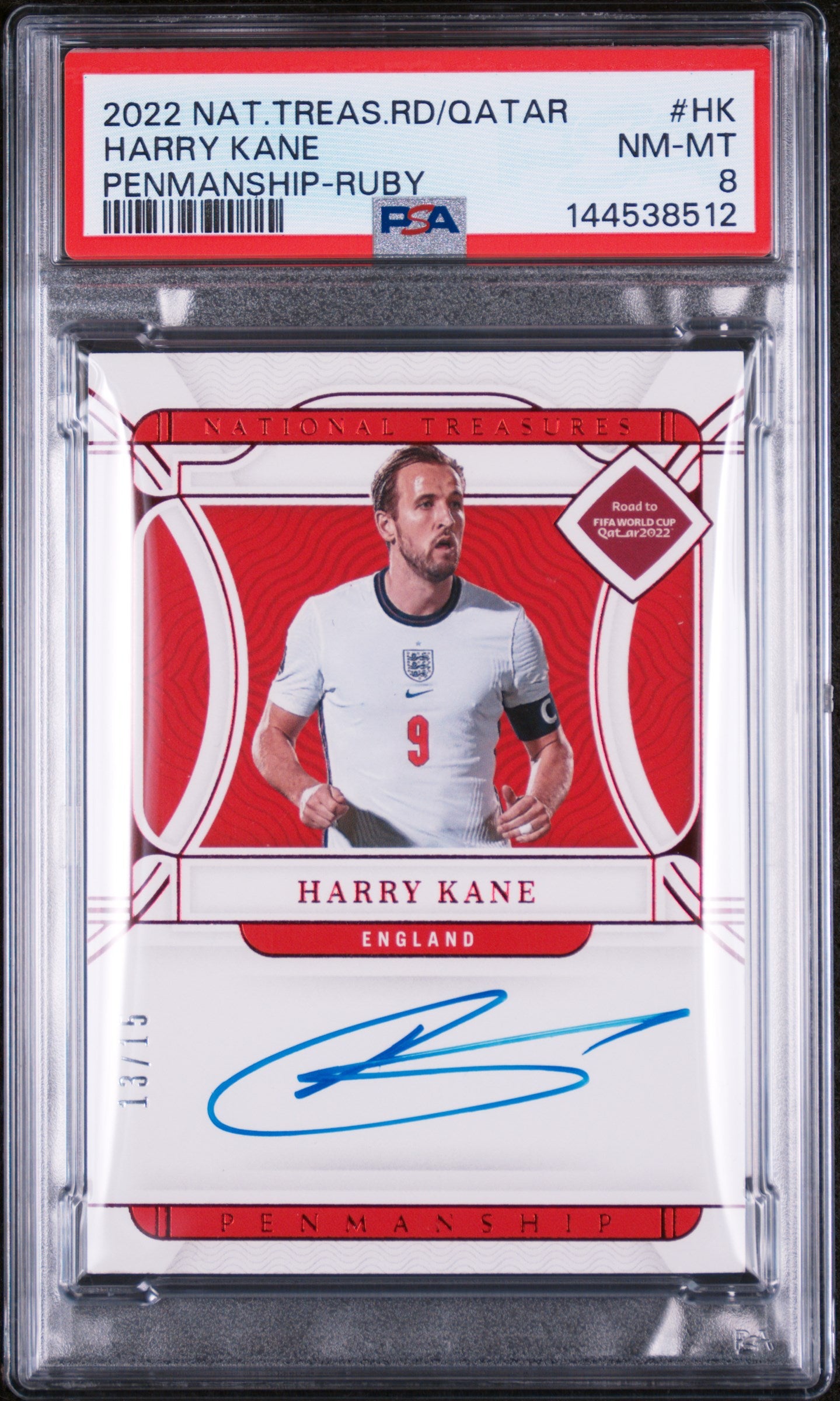 2022 Panini National Treasure FIFA RTQ Ruby Penmanship Auto Harry Kane /15 PSA 8