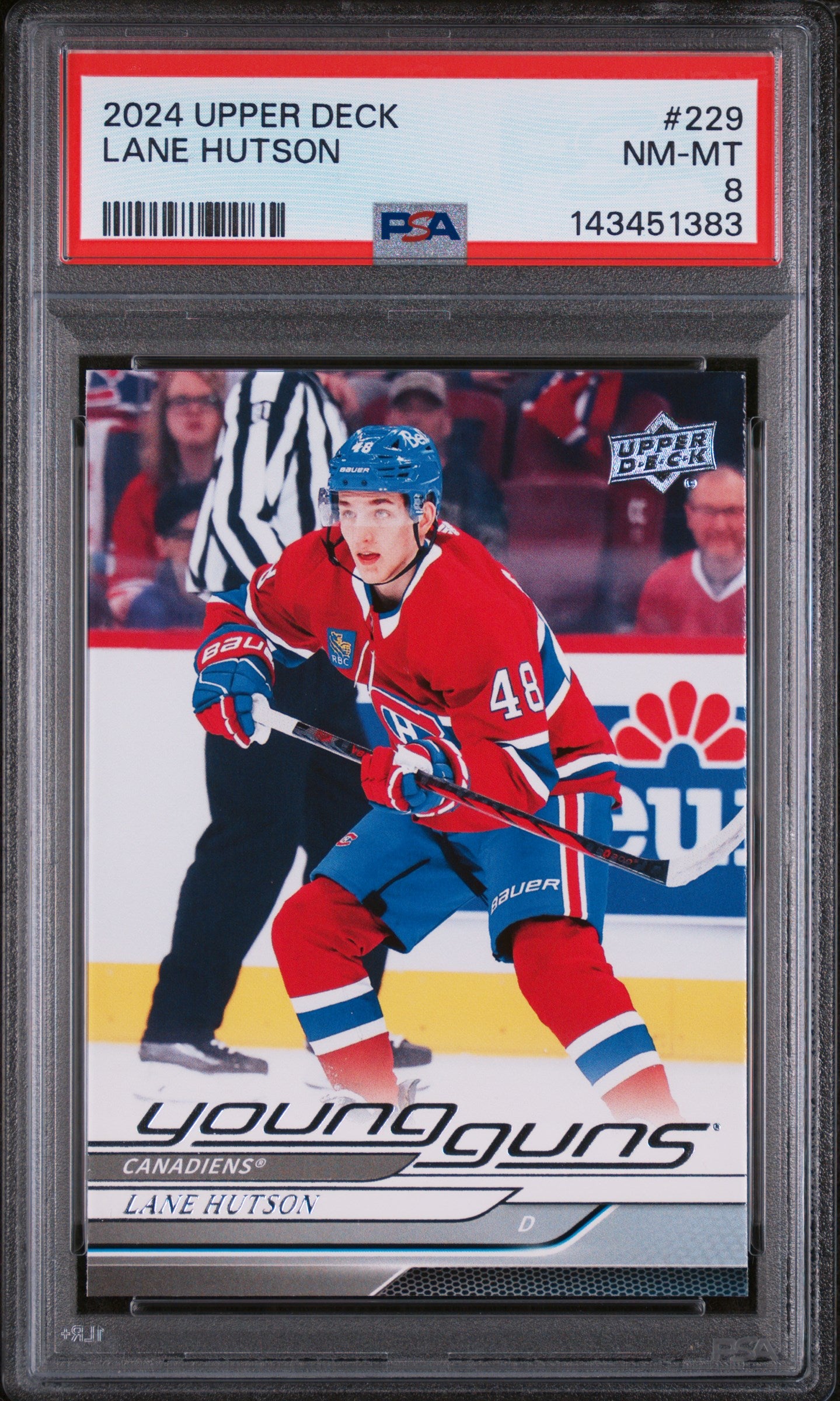 2024 Upper Deck Series 1 Hockey Young Guns Rookie Lane Hutson #229 PSA 8