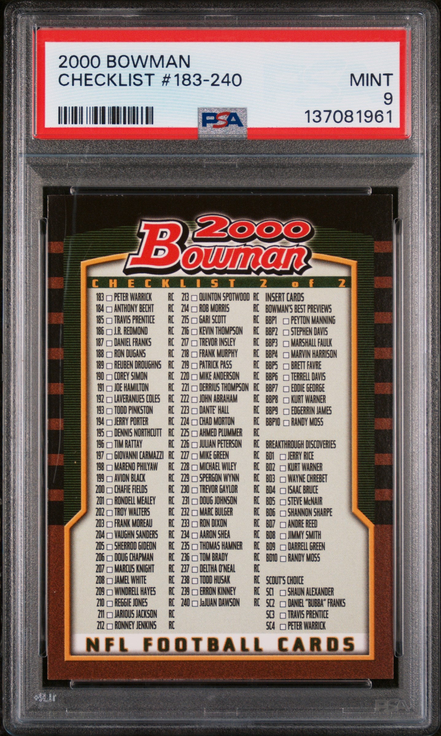 2000 Bowman Football Checklist #183-240 PSA 9