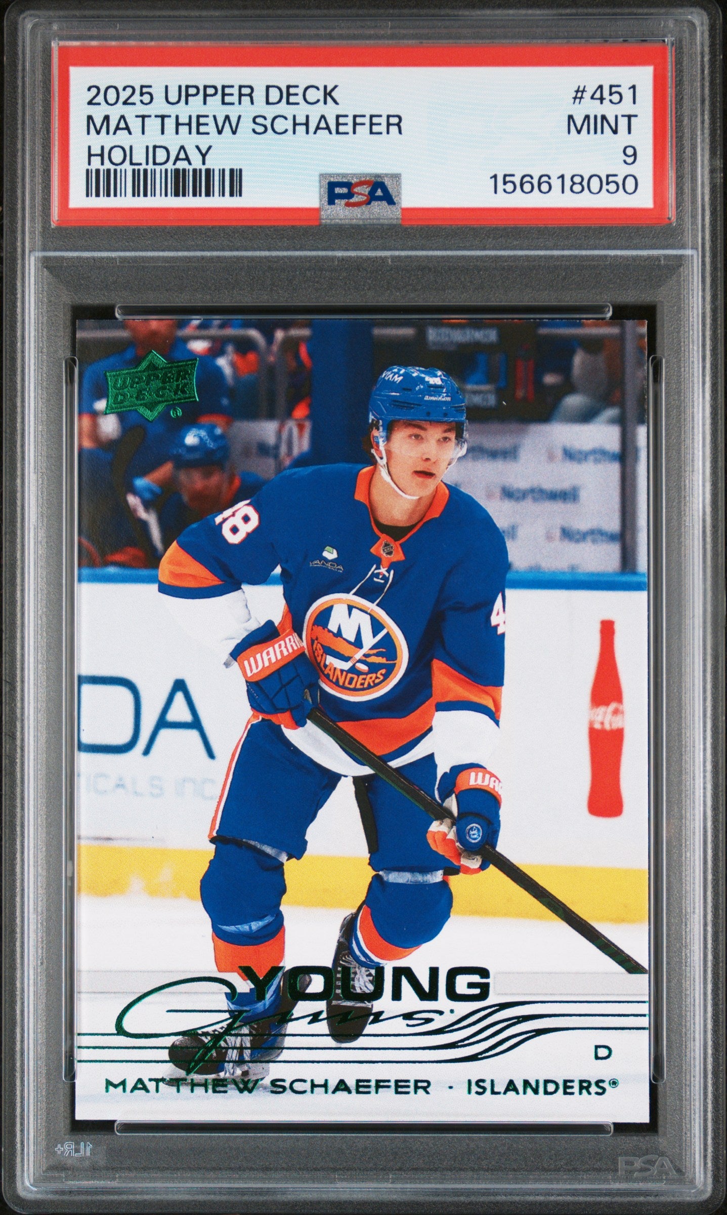 2025 Upper Deck Series 2 Hockey Holiday Young Guns Rookie Matthew Schaefer PSA 9