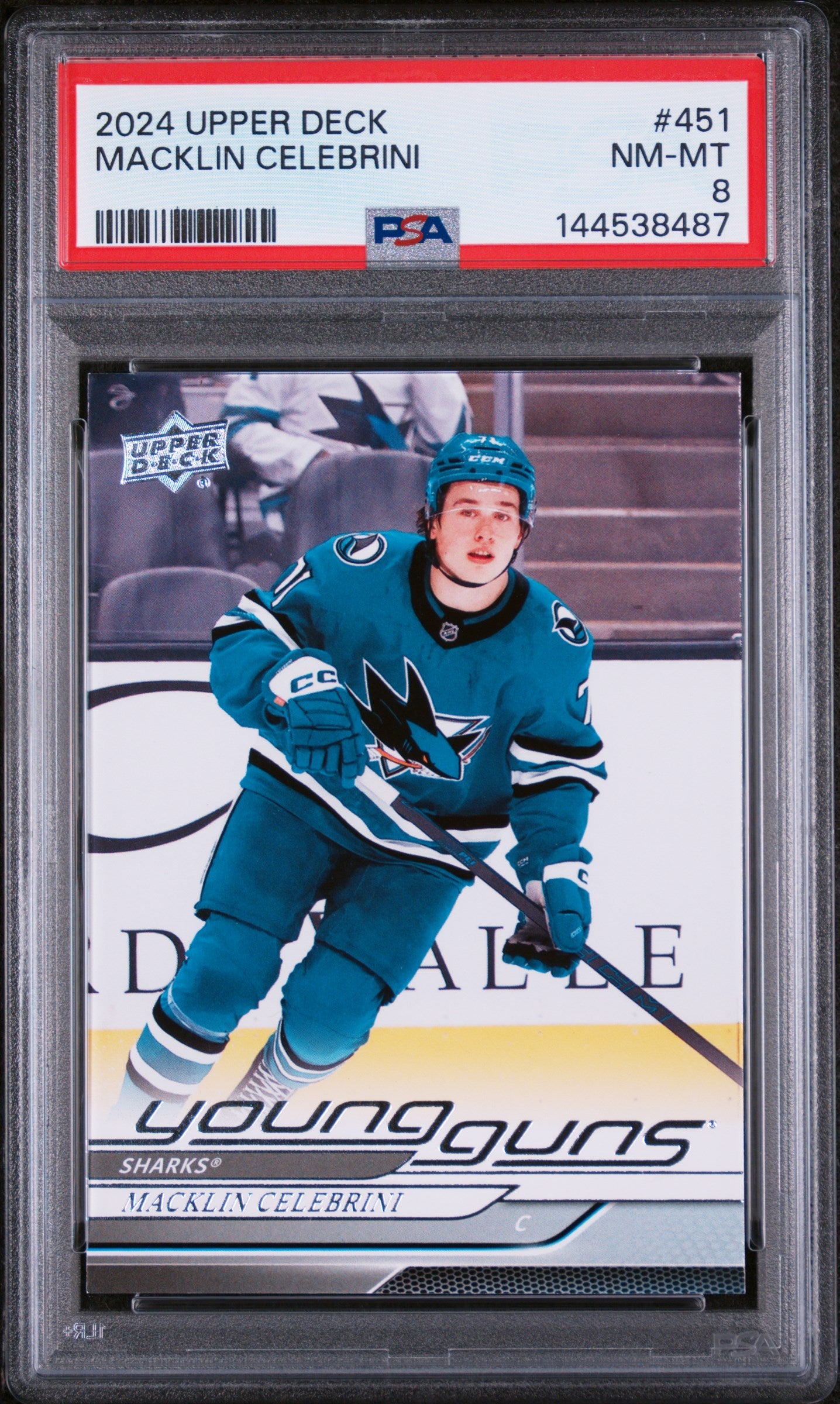 2024 Upper Deck Series 2 Hockey Young Guns Rookie Macklin Celebrini #451 PSA 8