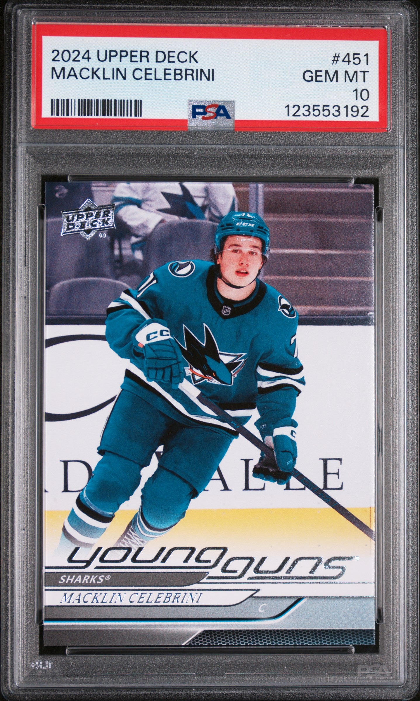 2024 Upper Deck Series 2 Hockey Young Guns Rookie Macklin Celebrini #451 PSA 10