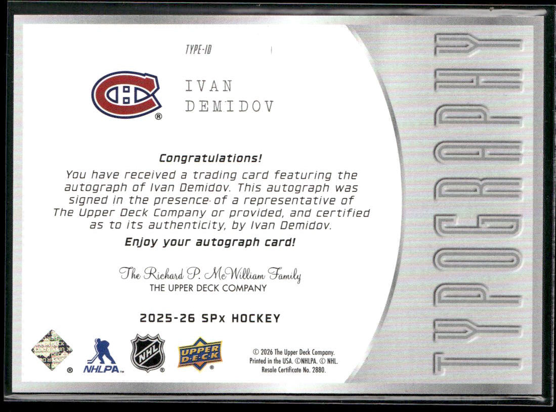 2025-26 Upper Deck SPx Hockey Typography Rookie Auto Ivan Demidov