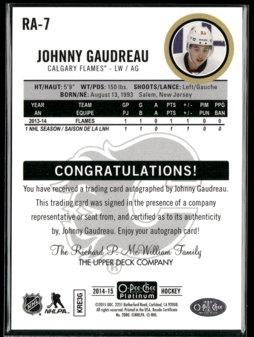 2014-15 O-Pee-Chee Platinum Hockey Rookie Auto Jonny Gaudreau